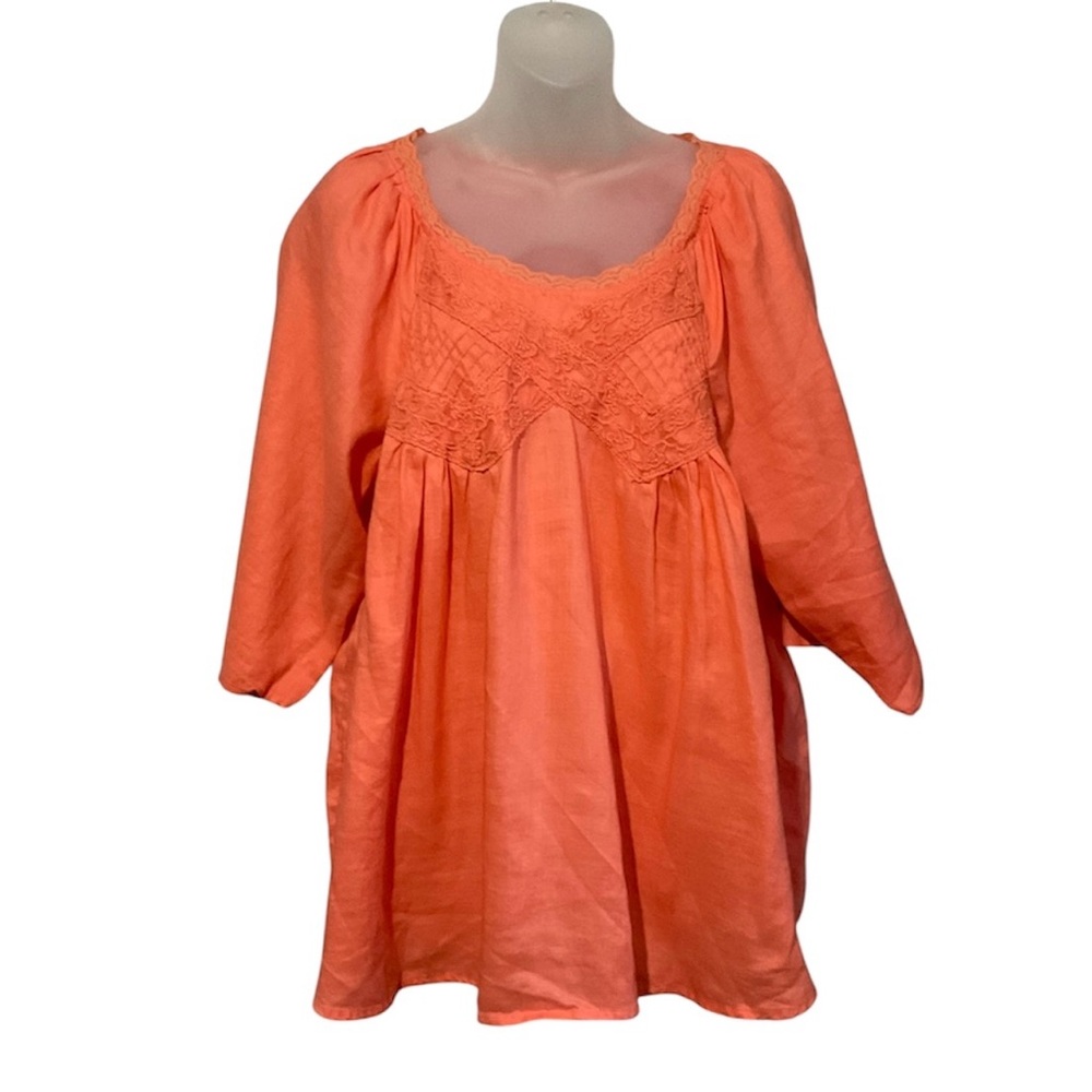 Women's 2XL Lace Accented Linen Orange Coral Blouse Peasant Cottagecore Beachy